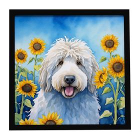 Komondor in Sunflowers Framed Metal Print Bathroom, Kitchen, Office, Home Decor Wall Art Ready to Hang, Square, 8X8